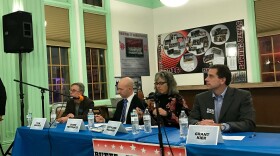 L to R, Candidates Tom Woods, Jared Pettinato, Kathleen Williams and Grant Kier. Not pictured is John Heenan, who appeared via Skype