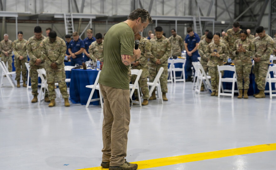 Defense Secretary Pete Hegseth prays with service members in Panama City, Panama Aug. 12, 2026 during a multinational field training exercise.