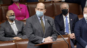 In this image from video, Rep. Tom Reed, R-N.Y., speaks as the House reconvenes to debate the objection to confirm the Electoral College vote from Arizona, after protesters stormed into the U.S. Capitol on Wednesday, Jan. 6, 2021. (House Television via AP)