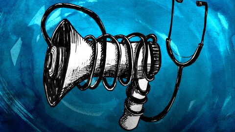 A stethoscope wraps around a megaphone and blocks the opening.