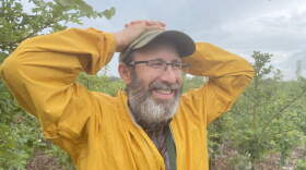 Andrew Hipp, the Morton Arboretum's Herbarium director and senior scientist in plant systematics, stands inside A garden housing a years-long study into the future of bur oaks. (Juanpablo Ramirez-Franco/WBEZ)