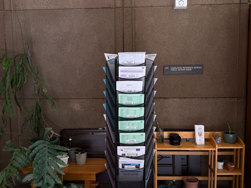 Various informational documents sit outside the Public Access Room at the state Capitol. (Feb 18, 2026)