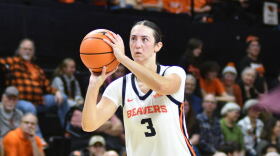 FILE - Oregon State guard Jenna Villa (3) shoots against Arizona State during an NCAA basketball game on Sunday, Dec. 14, 2025, in Corvallis, Ore. Villa and members of the OSU team are seeking to unionize, and Villa is a member of the Interim Executive Committee for a national group organizing college athletes.