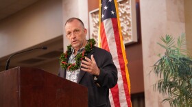 Gov. Josh Green speaks at Pearl Harbor Naval Shipyard and Intermediate Maintenance Facility’s Trades Graduation Ceremony at Hilton Hawaiian Village on Aug. 1, 2025.
