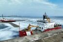 The U.S. Coast Guard Cutter Mackinaw moored in Mackinac City on March 16, 2023. The vessel is currently unable to pass through the Soo Locks due to mechanic issues.