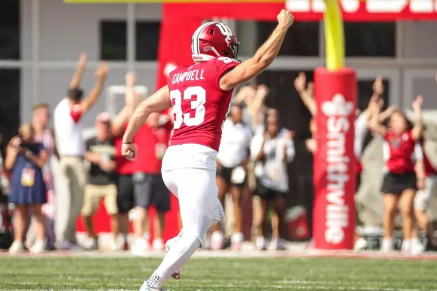 Indiana's Charles Campbell celebrates after making a 51-yard field goal in overtime to beat Western Kentucky Saturday.