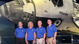 The STS-135 crew poses in front of the Space Shuttle Atlantis, which took them on their 12-day mission. From left are Commander Chris Ferguson, mission specialist Sangy Magnus, pilot Doug Hurley and mission specialist Rex Walheim.