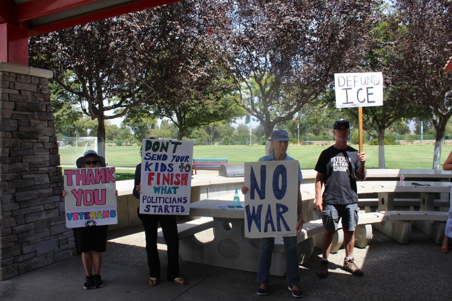 Protestors at James Gallagher's speech in Chico, California on Thursday, August 20, 2026.