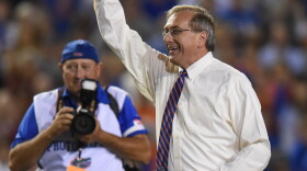 University of Florida President Dr. Kent Fuchs was the honorary Mr. 2 Bits for the rivalry matchup between the Gators and the FSU Seminoles. (Greenberry Taylor/ WUFT News)