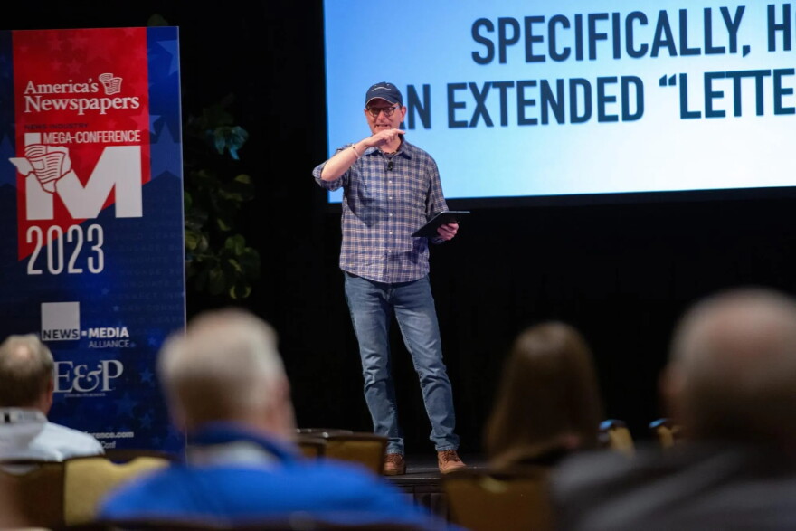 Rob Curley, editor of the Spokesman-Review in Spokane, Washington, speaks at the 2023 News Media Mega-Conference about audience connection.