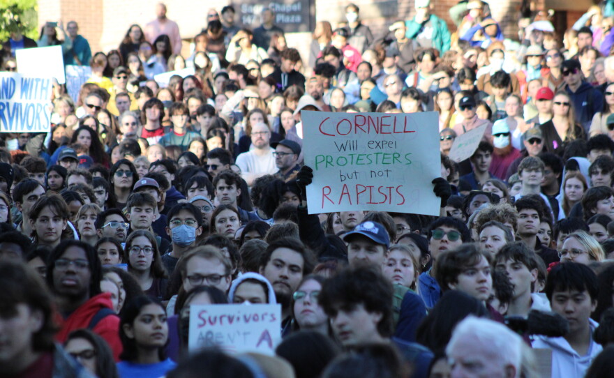 A large crowd gathered on Cornell’s campus Monday afternoon to show support for a Cornell student, known as Jane Doe, who alleges she was raped by fraternity members on campus in 2024.