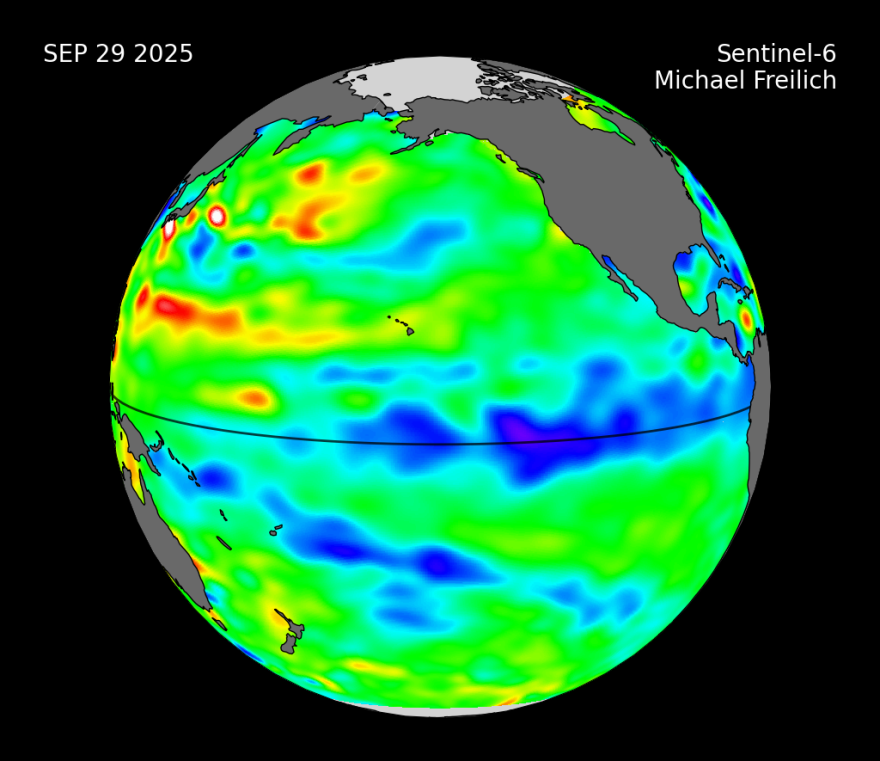 A global mapping model, dated September 29.2025, shows ocean temperatures, with a broad swath of blue along the equator.