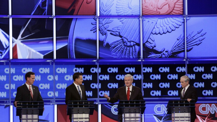 Republican presidential candidates (from left) Rick Santorum, Mitt Romney, Newt Gingrich and Ron Paul participate in the GOP presidential candidate debate at the North Charleston Coliseum in Charleston, S.C., on Thursday.