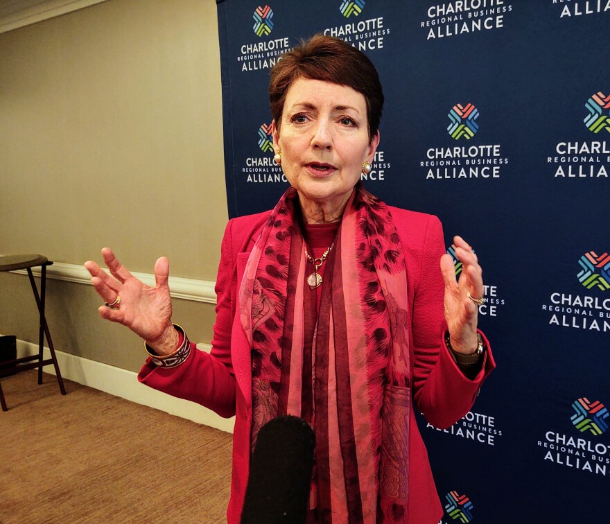 Lynn Good, CEO of Duke Energy, speaks to reporters at Charlotte Regional Business Alliance annual outlook on Dec. 8 2021.