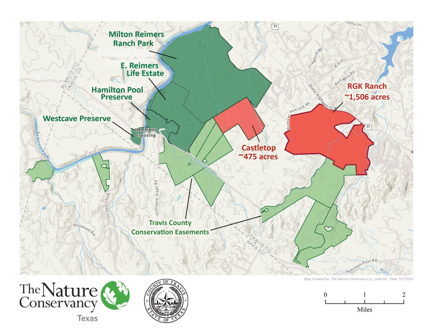 A map shows the location of RGK Ranch to the east of Hamilton Pool Preserve and west of State Highway 71 in western Travis County.