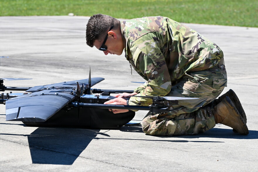 Sgt. 1st Class Joshua Duckett, assigned to the 837th Brigade Engineer Battalion, Michigan National Guard, prepares an Unmanned Aircraft System during training at Camp Grayling, Mich., May 20, 2026. The unit utilizes tactical drones to conduct aerial reconnaissance, route clearance support, and battlefield surveillance. (U.S. Army National Guard photo by Daniel Garas)