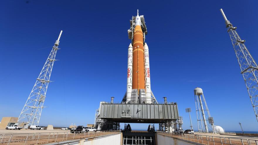 NASA's Space Launch System rocket and Orion spacecraft at the Kennedy Space Center.
