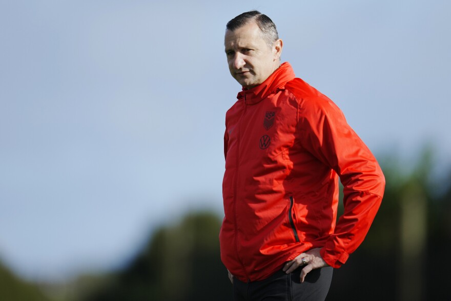 FILE - U.S. coach Vlatko Andonovski stands on the field during a FIFA Women's World Cup team practice at Bay City Park in Auckland, New Zealand, July 23, 2023. Andonovski has resigned, a person familiar with the decision told The Associated Press on Wednesday, Aug. 16. The move comes less than two weeks after the Americans were knocked out of the Women's World Cup earlier than ever before. (AP Photo/Abbie Parr, File)