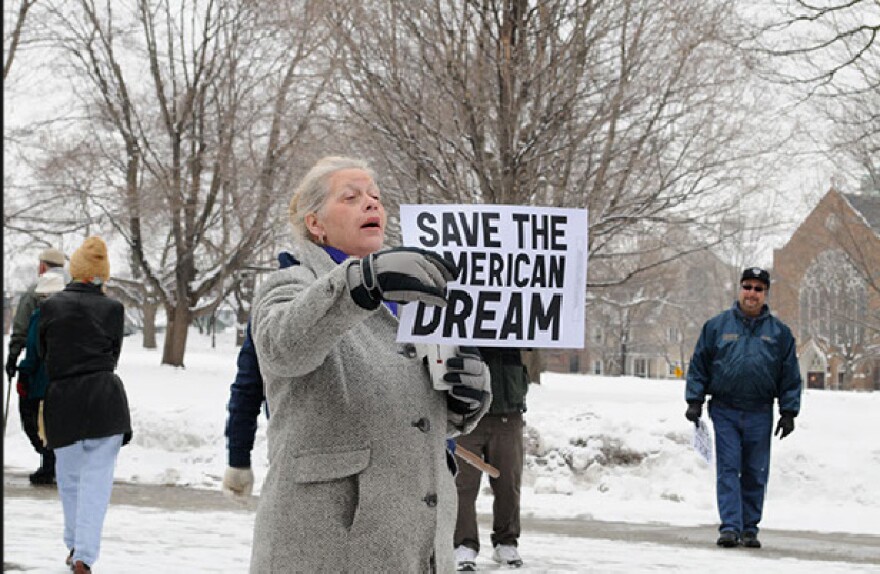 A protester at Saturday's MEA-sponsored rally in Lansing