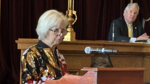 Baltimore County Executive Kathy Klausmeier gives her budget message in the Historic Courtroom while County Council Chairman Mike Ertel looks on.