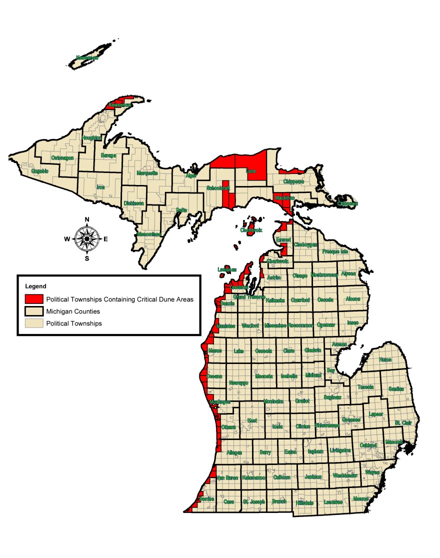 Townships in Michigan where 'critical dunes' are located.