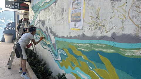 Artist M.B. Hanrahan works on a whale mural at Ventura Harbor Village which mirrors a mural she helped create in Ventura's sister city of Loreto, Mexico.