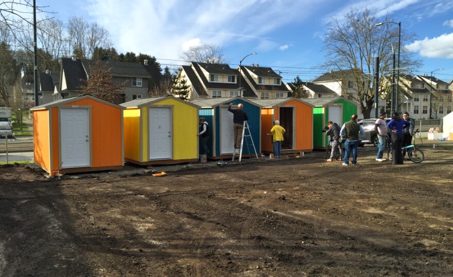 Tiny houses being erected at Othello Village in South Seattle.