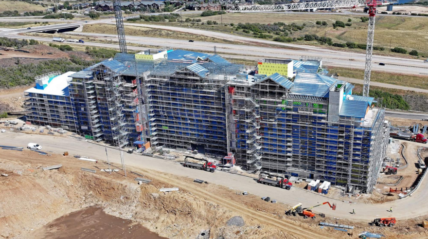 A photo presented in Thursday's MIDA Board meeting shows recent construction progress for a 13-story, 387-room hotel at the base of the Deer Valley expansion, near U.S. Highway 40.