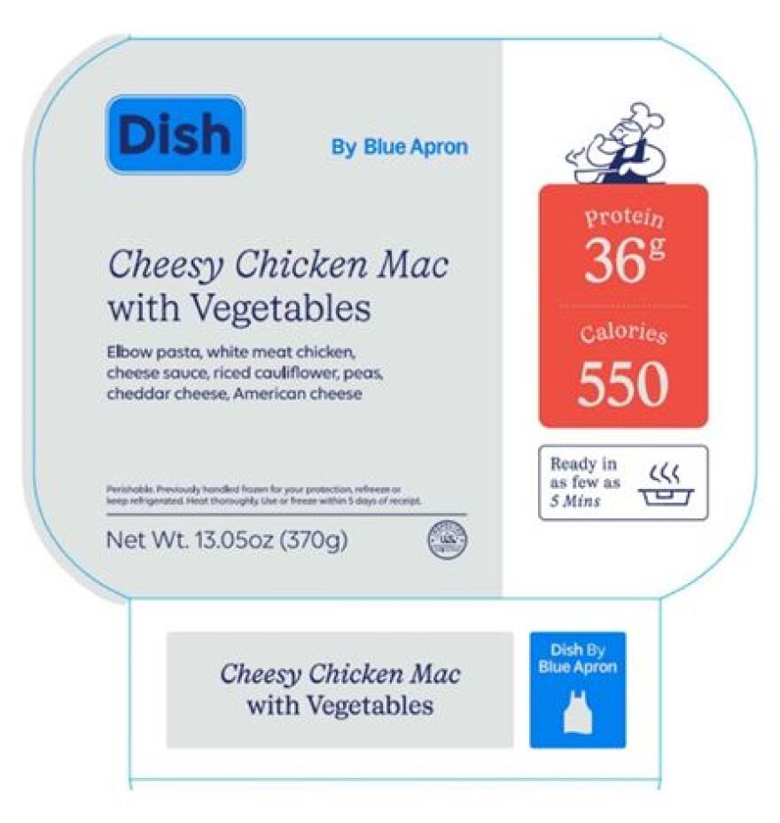 A public health alert has been issued for meals sold by Blue Apron: 13.05-oz. plastic tray packages labeled "DISH by Blue Apron Cheesy Chicken Mac with Vegetables" with lot codes 25240 and 25247. The product bears establishment number "P-3081."