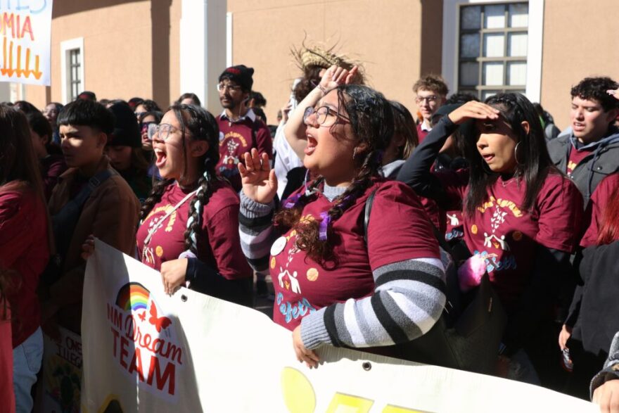 Right: New Mexico Dream Team President Brenda Vara, 20, and Arelie Garcia, 19, celebrate the passage of the Immigrant Safety Act, which was signed into law on Feb. 5, 2026.