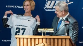 Chancellor Janet Gooch (left) and UIS Athletic Director Mike Hermann