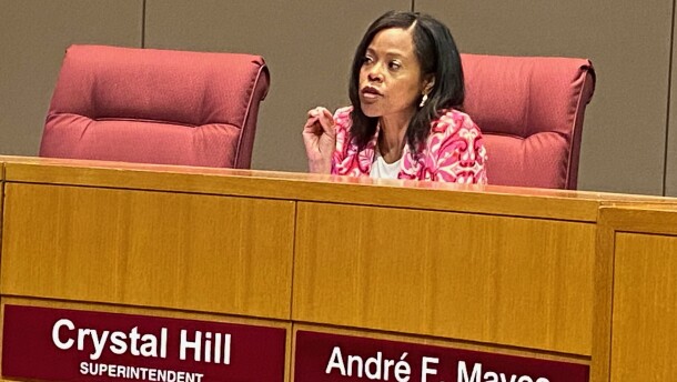 Superintendent Crystal Hill fields questions from school board members during Tuesday's budget presentation.