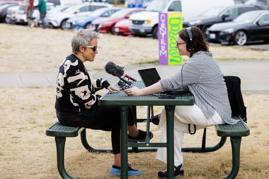 Alexa Peters from KNKX Public Radio interviews drummer Allison Miller, at 2026 Jazz Port Townsend.