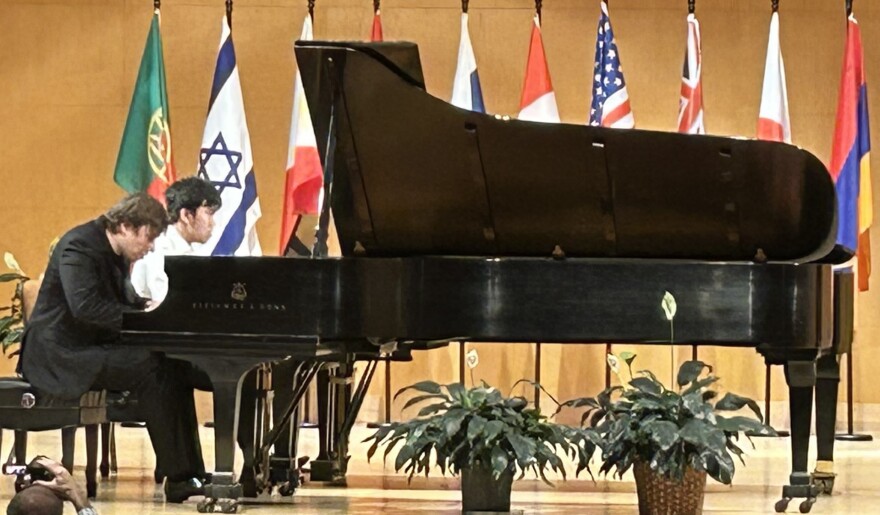 Ilya Shmukler (Russia/Israel) earned the gold medal at the 72nd Wideman International Piano Competition. He's seen here (on the left) during his Sunday finals performance at Centenary College in Shreveport on December 3, 2023.