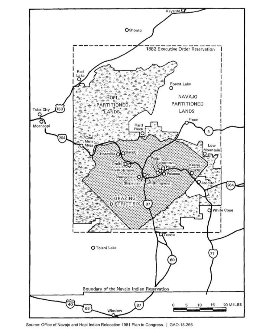 A map depicting the Navajo and Hopi partitioned lands within the 1882 reservation.