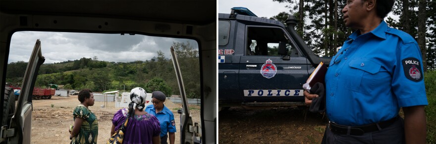 Ato Boropi (left) travels with another member of the Kafe Urban Settlers Women's Association and Goroka police to Henganofi, a town in the Eastern Highlands, to meet with a community divided by sorcery accusations.