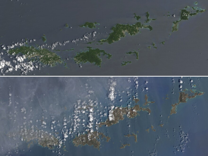 Two natural-color images provided by the NASA Earth Observatory depict the U.S. and British Virgin islands: The top image shows the verdant islands prior to the passage of Hurricane Irma; the bottom image shows the brown the storm left behind after uprooting and wrecking much of the island chain.