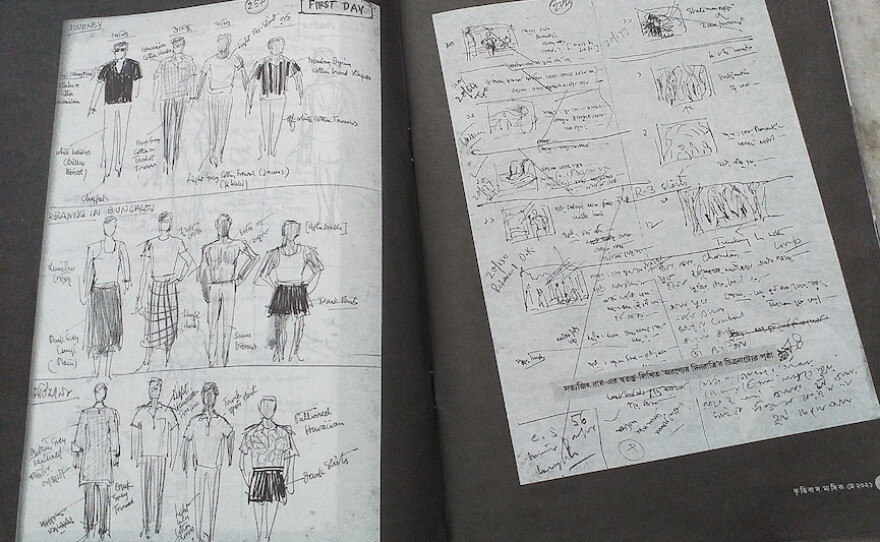 Ray in his study, and pages from one of his notebooks (as published in Krittibas magazine)