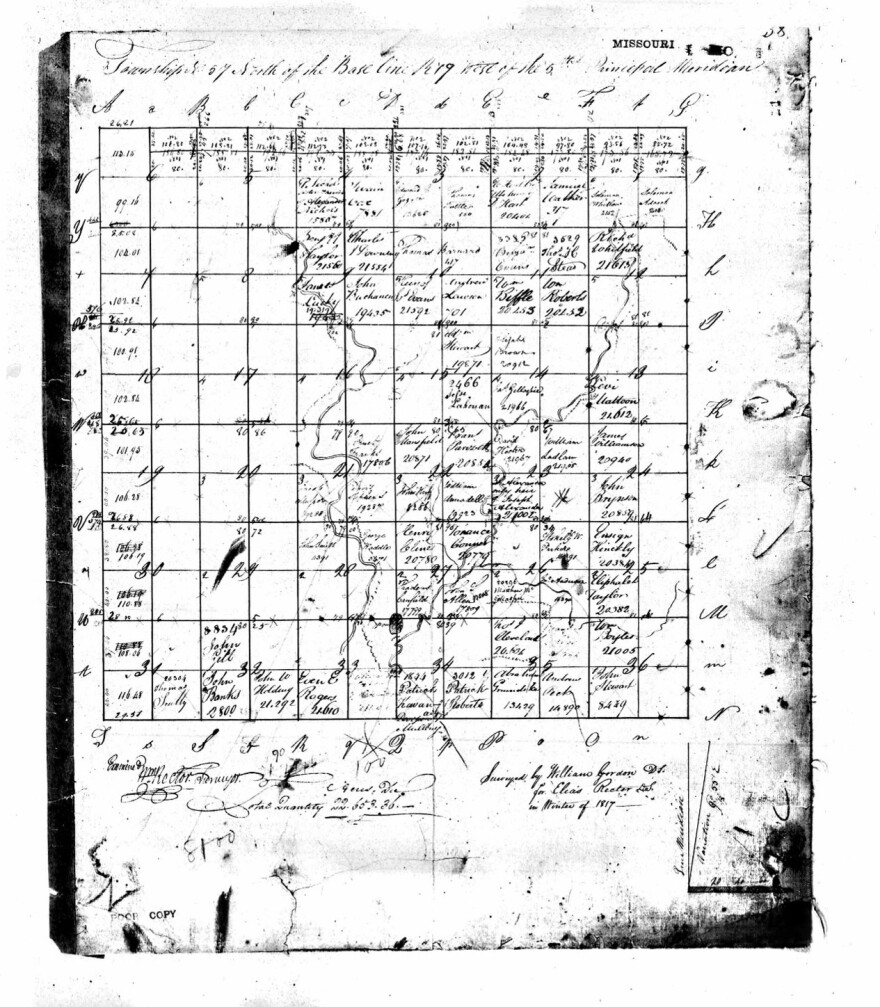 Missouri, 5th Principal Meridian, N and W R17 T49 - N and W R21 T53. Benjamin’s property is the second row down, fifth column from the left.