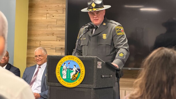 North Carolina State Highway Patrol Colonel Freddy L. Johnson Jr. speaks at the launch of the traffic stop initiative on Tuesday, March 31, 2026.