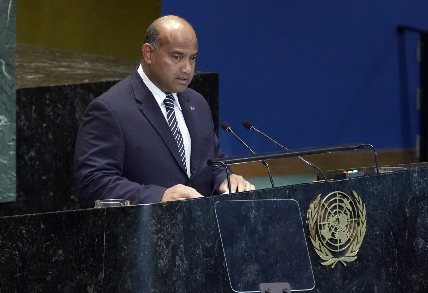 President of Nauru David Ranibok Adeang addresses the the Summit of the Future, in the United Nations General Assembly, Monday, Sept. 23, 2024. (AP Photo/Richard Drew)