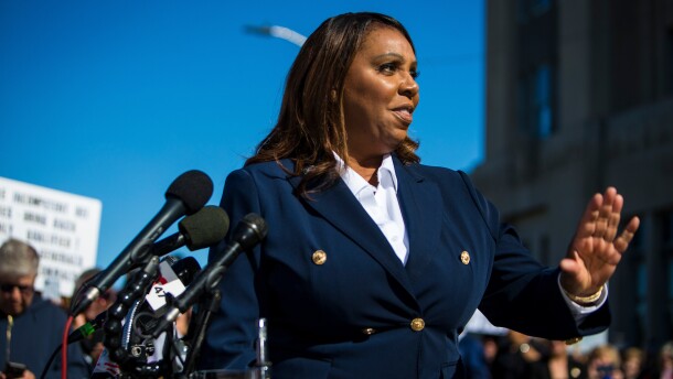 FILE - New York Attorney General, Letitia James, speaks after pleading not guilty outside the United States District Court, on Oct. 24, 2025, in Norfolk, Va. (AP Photo/John Clark, File)