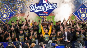 Milwaukee Brewers catcher William Contreras holds the MVP trophy after winning baseball's World Series against the Tampa Bay Rays, Wednesday, Oct. 28, 2026, in St. Petersburg, Fla. (AP Photo/Morry Gash)