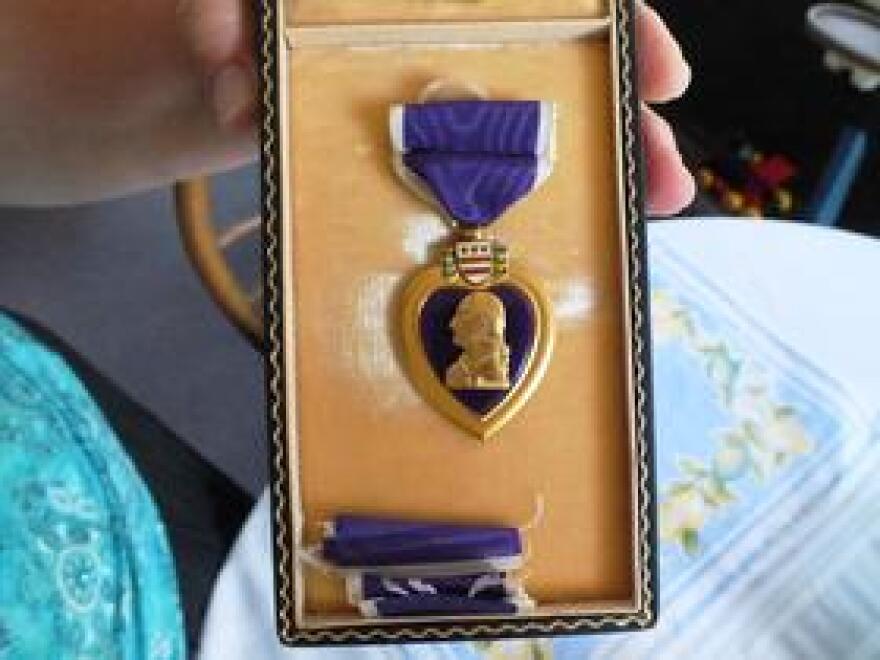 The Purple Heart awarded to Leo K. Chalcraft after he was killed in action Dec. 24, 1944.