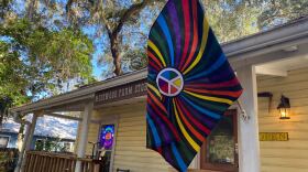 A rainbow flag waves in front of Mosswood Farm Store and Bakehouse in Micanopy, Fla. Owner Joseph Pierce said he put up the flag in response to the town's controversy. (Kristin Moorehead/WUFT News)