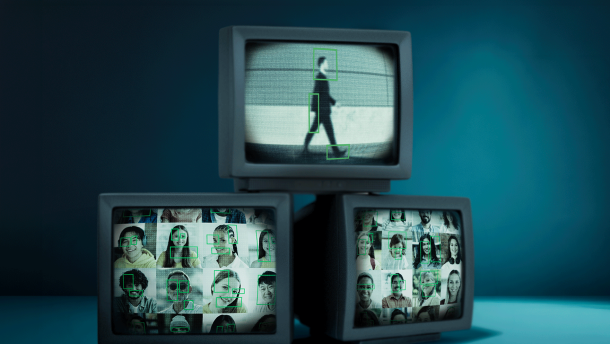 Three screens depict different methods for artificial intelligence companies to identify people. Two bottom screens feature several different headshots for facial recognition, while the top screen shows a person's gait and bodily features.