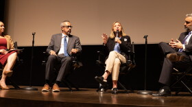 From left to right: Panel moderator Erin Muffoletto-Hernandez, Sen. Antonio Maestas (D-Albuquerque), Kristin Bride and New Mexico Attorney General Raúl Torrez discuss social media reform efforts following an Oct. 2, 2026, screening of "Your Attention Please" in Albuquerque. The documentary follows Bride's efforts to press Congress to approve precautions for kids on social media.