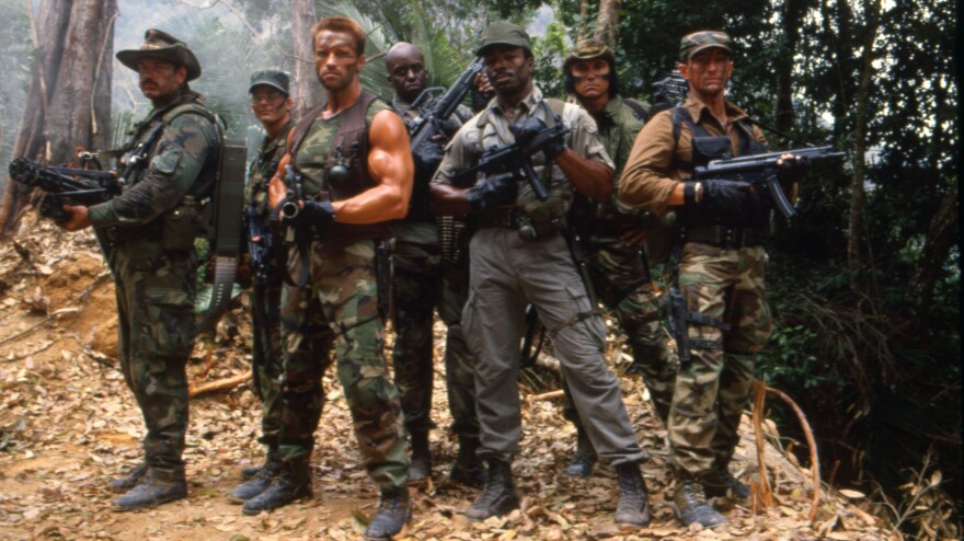 Three of the seven cast members shown here on the set of the 1987 film <em>Predator</em> would later run for governor in their home states. Two of them, Jesse Ventura and Arnold Schwarzenegger, won. Sonny Landham (second from right) lost.