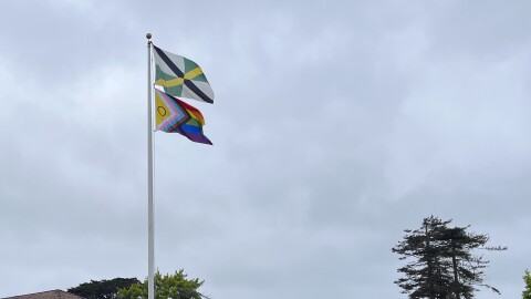 The intersex progress pride flag seen flying below the Monterey city flag outside Monterey City Hall.