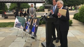 Reps. Walter B. Jones, R-N.C. (right), and John Garamendi, D-Calif., speak at a press conference last week outside the Capitol on their bipartisan legislation to cut off funds for military operations in Afghanistan.